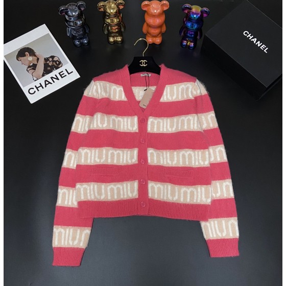 MIU MIU bump rose pink stripe letter jacquard mohair